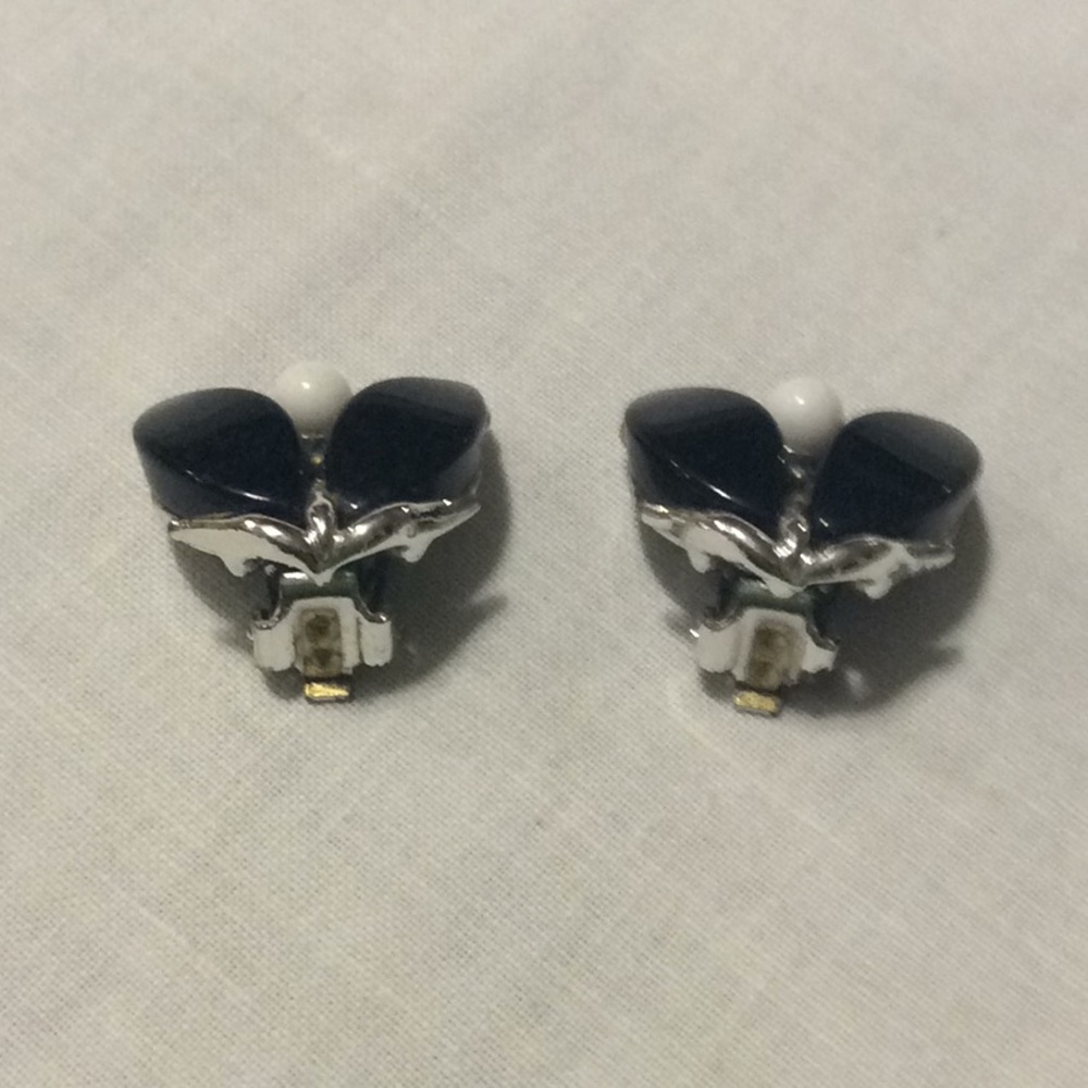 Vintage Clip On Earrings Butterfly Black White Silver